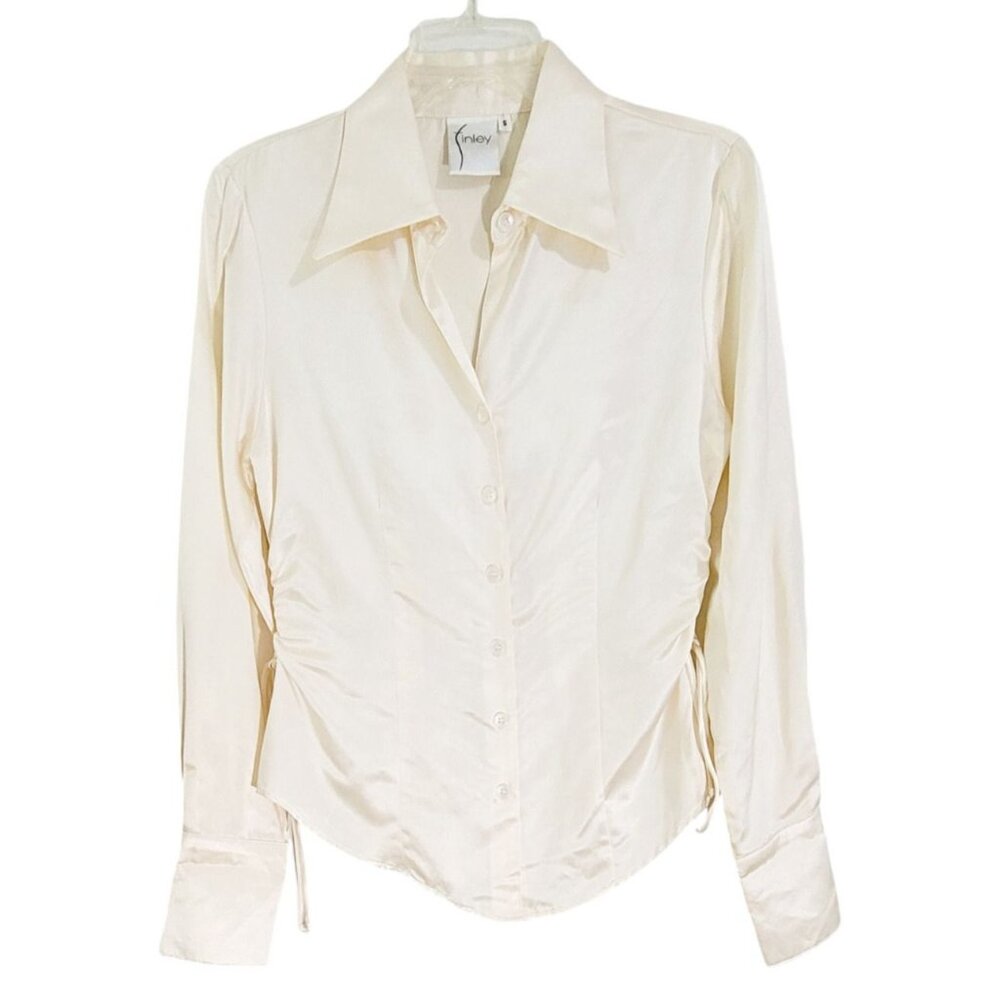 Finley Womens Ivory Button Up Blouse Ruched Side Tie‎ Long Sleeve Size Small